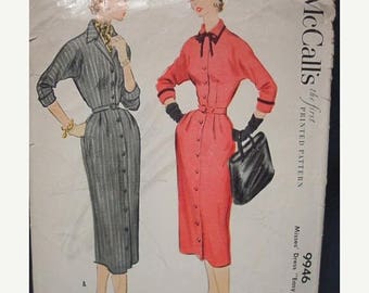 SALE 1950s Sheath Dress Kimono Sleeves Convertible Collar Turned Back Cuffs Belted McCall's 9946 Size 16 Bust 34 Women's Vintage Sewing Patt