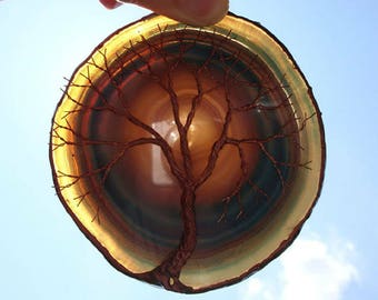 Copper Wire Tree Of Life Metal Wall Art Sculpture Garden Ornament On A Blue Green Agate Geode Stone Crystal Suncatcher