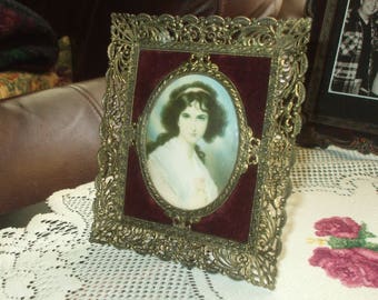 Vintage Filigree Frame With Portrait Print Victorian Style Ornate Antique Brass Gold Metal Convex Glass Burgundy Velvet Hubak Lady