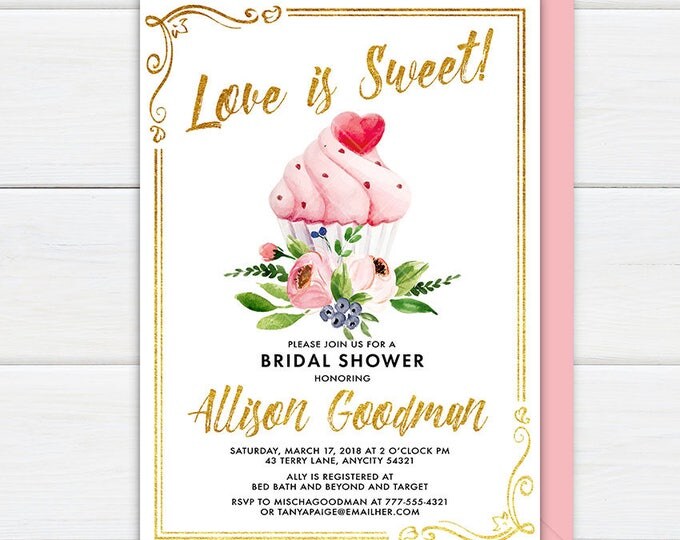 Bridal Shower Cupcake Invitation, Love is Sweet, Sweet Dainty Pink and Gold Glitter Floral and Cupcake Bridal Shower Party Invitation