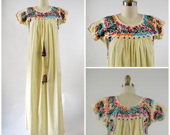 Vintage Mexican Dress Oaxacan Dress Size Small Natural Yellowish White Cotton Hand Embroidery Orange and Pink and Green and Blue Turquoise