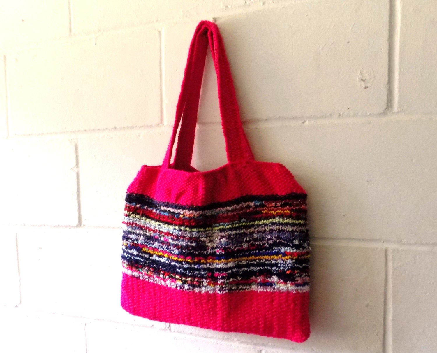 Hand Knitted Tote Bag One of a Kind Bright Pink and Multi