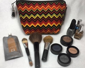 Chevron Make-up Bag, Cosmetic Bag, Orange Chevron, Red Chevron, Yellow Chevron, Black Chevron, Toiletry Bag, Makeup, Cosmetics, Toiletry