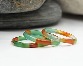 Agate Stacking Ring, Ring Set, Gemstone Band Ring, Minimal Ring, Green Orange Ring, Natural Ring, Carved Stone Ring, Hypoallergenic Ring