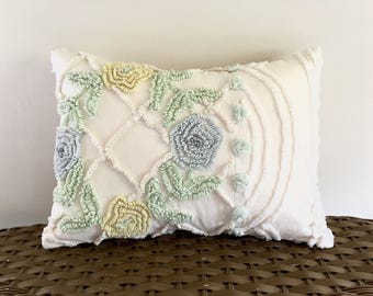 SUMMER WHISPER 12 X 16 inches, light blue roses pillow cover, cottage chic chenille cushion, shabby throw pillow case, yellow rose pillow