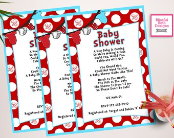 SEUSS BABY SHOWER Personalized Dr. Seuss Baby Shower Printable Invitation (Red and Blue), Baby Shower Invitation, Dr. Seuss Onesie
