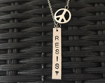 Resist Necklace, Stamped Necklace, Peace Sign Necklace, Equal Rights Necklace, Anti Trump, Silver Peace necklace, Protest