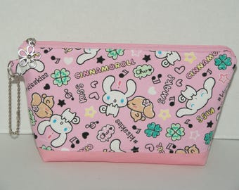 Large Padded Zipper Pouch/Pencil Case/Cosmetic Case with Pocket Made with Japanese Cotton Oxford Fabric "Cinnamoroll - Kiss" Pink