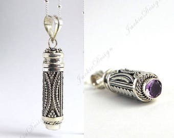 Amethyst Bali Sterling Silver Tube Treasure Container Wish Locket Pendant 20 Inch Chain Necklace JD115