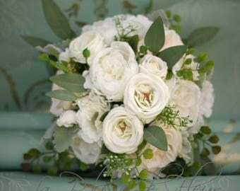 wedding bouquet eucalyptus bouquet rose and peony bouquet silk bouquet bridal bouquet - Cream Garden Rose wedding bouquet eucalyptus bouquet rose and peony bouquet silk bouquet bridal bouquet - Cream Garden Rose