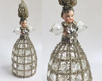 altered art doll, mixed media assemblage, crystal rhinestone chandelier, table top tree, by Elizabeth Rosen
