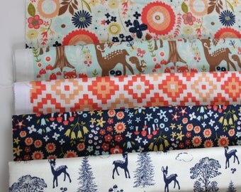 Woodland Fabric by Riley Blake Fabrics fat quarter bundle of nine fat quarters, quilter's cottons, Deer, Floral and geometric prints