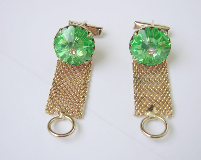 1960s Mid Century Green Rivoli Rhinestone Mesh Wrap Cufflinks / Retro Mens Jewelry / Suit Accessories