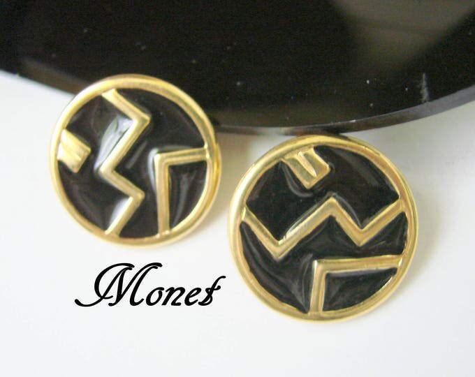 Vintage Monet Black Enamel Modernist Earrings / Designer Signed / Gold Tone / Clip Earrings / CIJ Sale 20% Coupon Code (CIJSALE2)