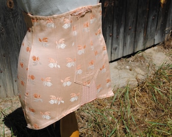 Vintage French damask peach lace-up boned corset girdle garter belt stays waspie