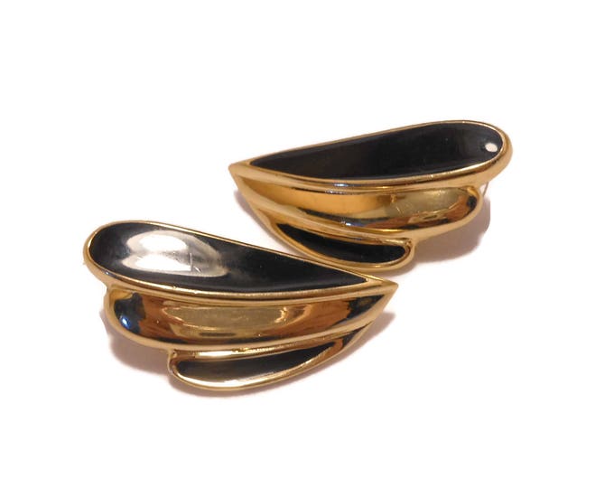 FREE SHIPPING Trifari 1980S earrings, black and gold, glossy black enamel and gold tone, pierced earrings