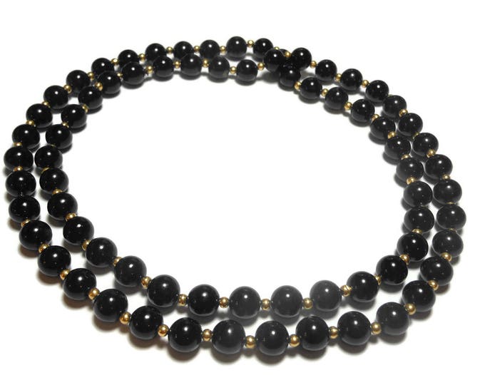 FREE SHIPPING Black glass bead necklace, long 30" necklace, black with gold metal seed bead separators, single strand