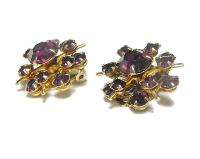Juliana style Amethyst earrings, amethyst purple rhinestone prong set clip earrings, star starburst style, perfect for wedding or prom