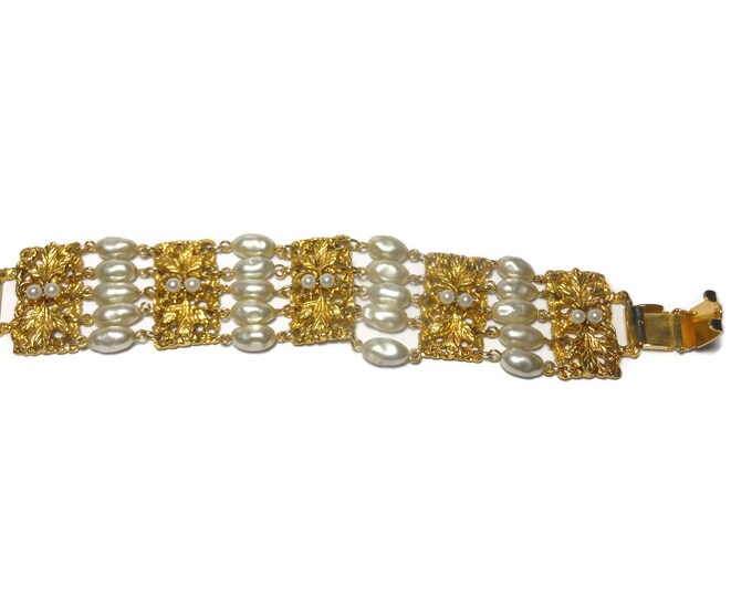 FREE SHIPPING Celebrity NY pearl bracelet, panel links white freshwater faux pearls, designer signed vintage, leaves on panels, multi strand