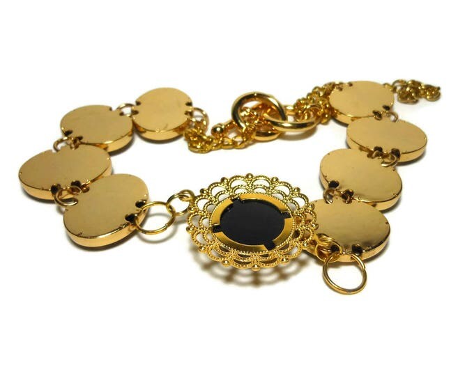 FREE SHIPPING Black onyx choker necklace, handmade necklace, gold plated choker, oval links, black enamel, black onyx cabochon center