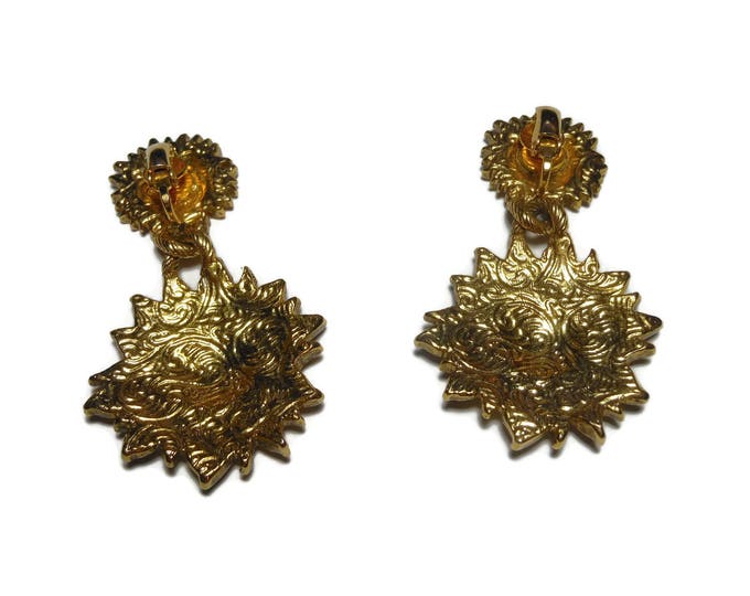 1928 sunflower earrings, 1928 jewelry Company dangle earrings, textured drop clip earrings, unsigned 1928, floral earrings