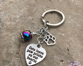 Cats leave paw prints on our hearts, Pet Sympathy Gift, Rainbow Bridge Key Chain, Memorial Key Chain, Rainbow Bridge, In Loving Memory