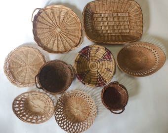 Lot de 8 paniers corbeilles en osier, rotin, vintage, etnique, paniers de mur, set of 8 wicker rattan wall Basket, boho home deco