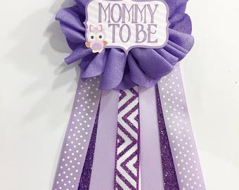 Purple Owl Baby Shower Pin Mommy To Be Pin Flower Ribbon Pin Corsage Glitter Mommy mama mom to be baby shower chevron