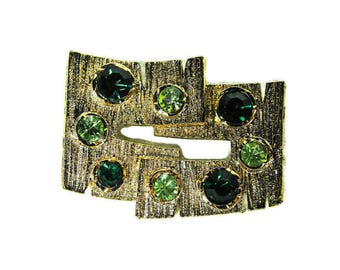 Vintage Mid Century Brooch - Modern Mid Century Brooch, Green Rhinestone and Goldtone Mid Century Brooch, Mad Men Brooch