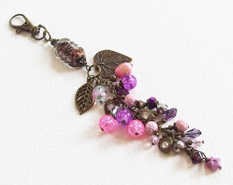 Bijou de Sac - Symphonie Rose - Breloques Métal Bronze, Coeur strass, Perle Lampwork, Mousqueton - Bijou créateur, fait-main, pièce unique