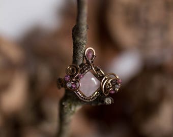 Bague T53.5 quartz tourmaline rose labradorite . Glyphe des Promesses .