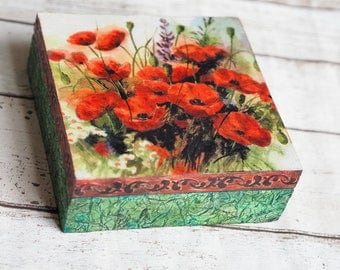 Mother's Home Gift, Jewelry Vintage Box, Poppy Home Decor, Flower Gift Box, Poppies Decor, Flower Jewelry Box, Shabby Wood Box
