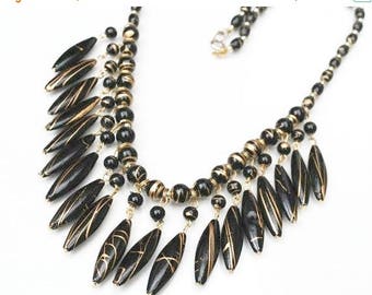 Bib Necklace - Gold Black Bead - Resin gold metal trim