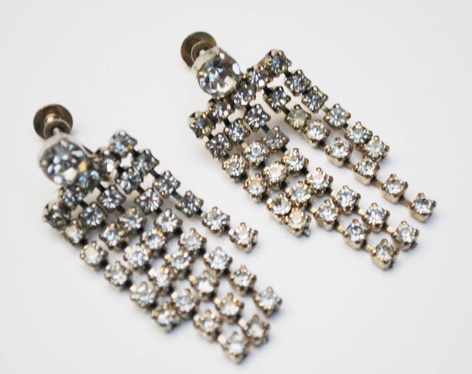 Rhinestone Chandelier earrings - dangle silver tone clear crystal - screw back Earring - Wedding Bride