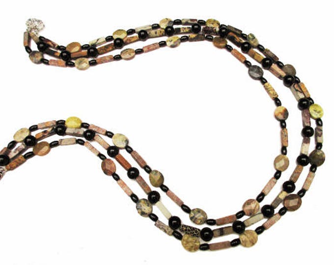 Boho Gemstone bead necklace- Triple strand - Agate,jasper,onyx - 23 inches - Handmade