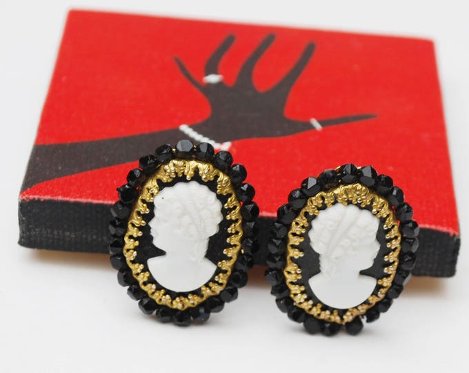 Cameo Earrings - Original by Robert - Black White and Gold - Clip on earring