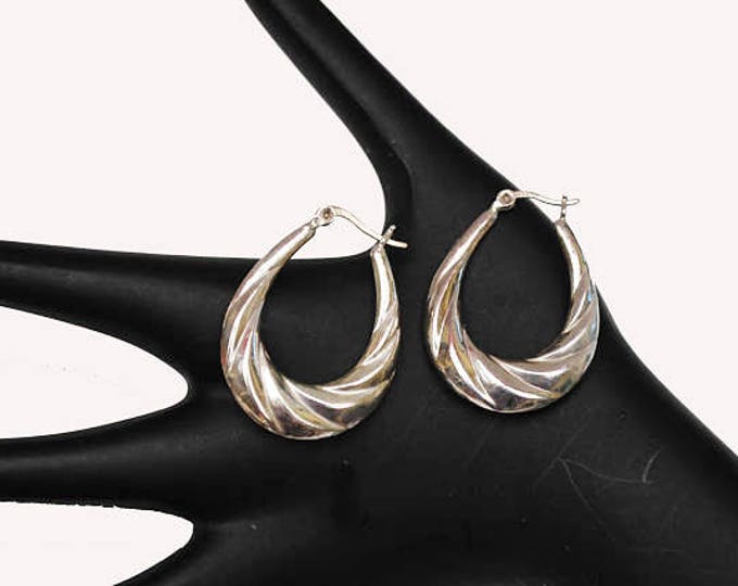 Large Sterling Hoop Earrings - puffy hallow sliver hoops - Modernistic design - twisted ribbed -style Signed 925 - pierced earrings