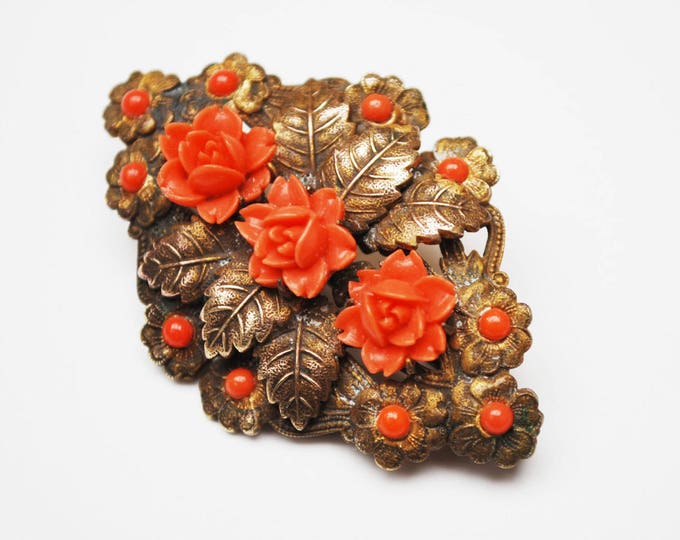 Coral celluloid flower Brooch - Golden Brass - leaf - Art Nouveau Pin