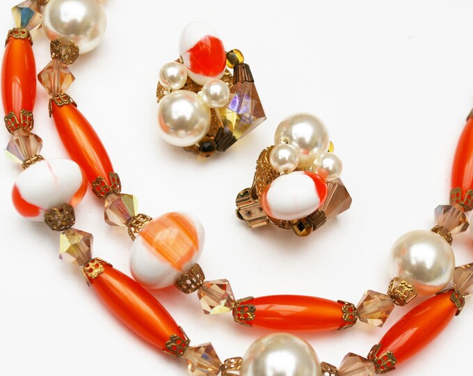 orange white bead necklace earring set - Lucite plastic - crystal glass - pearls - Mid century