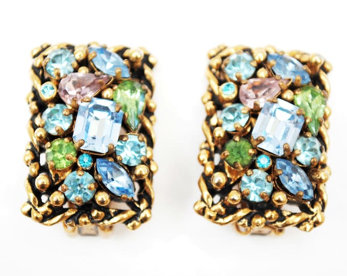 Rhinestone Earrings - Signed Barclay - Multi color - Blue Purple and green - gold rectangle - Jewel of the India - clip on earrings