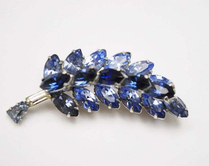 Blue Rhinestone Brooch - Flower Leaf floral pin - silver tone - mid century