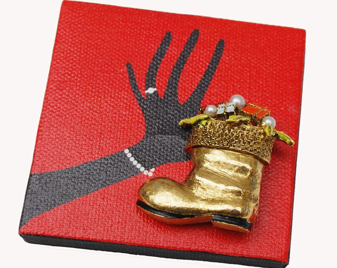 Christmas Stocking Brooch - Art Mode signed - gold boot- enamel presents -pearl - Holiday pin