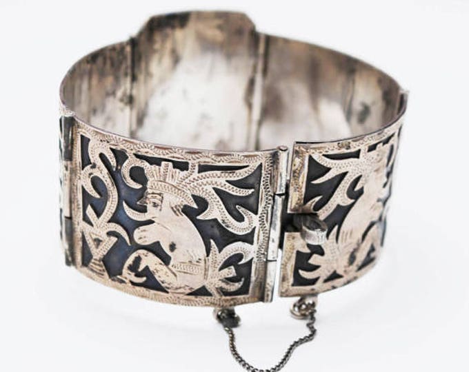 900 Silver Tribal Panel Bracelet - Wide Story link Bangle - Bird -south American - Black oxidation - Silver overlay