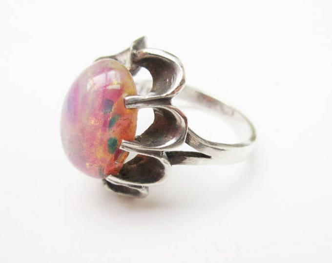Sterling Pink opal Glass ring - silver flower pink art glass cabochon - size 7 ring