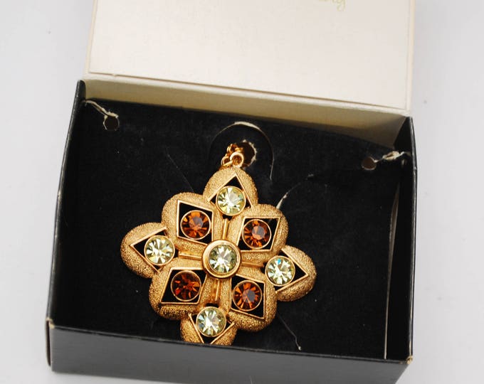 Starburst Pendant Necklace - Signed Sarah Coventry - Origional Box - Faux Citrine Topaz Crystal - Sarah Co - NOS