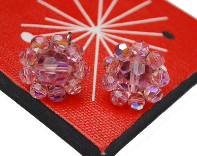 Coro Pink Crystal earrings - Bead Cluster - glass beads - Clip on earrings