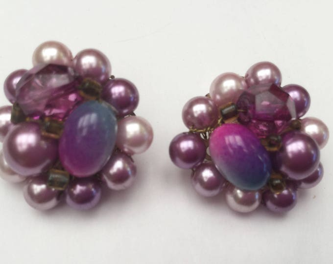 Purple cluster Bead earring - Signed Japan - Givre cabochon - metalic pearls - Clip on earrings