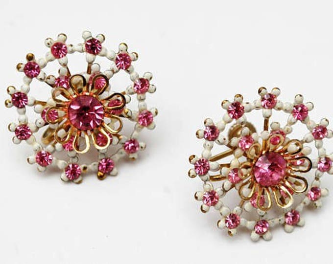 Vintage Flower Bracelet and Earring - Pink rhinestone - white Enamel Gold metal Floral jewelry set