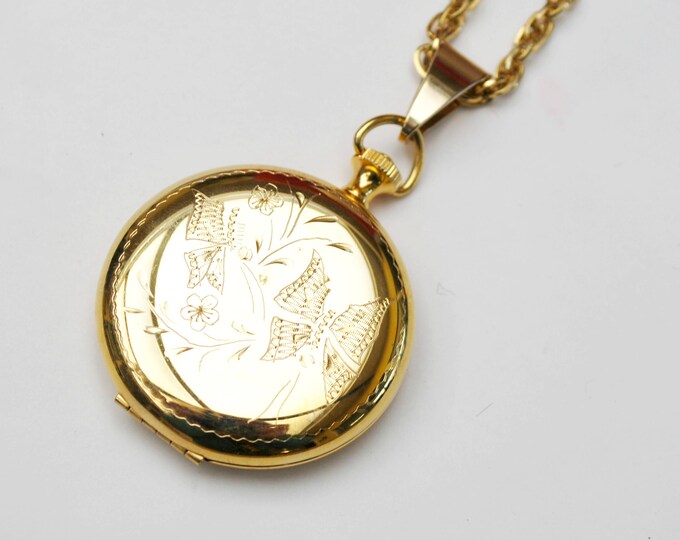 Gold Locket Pendant -Butterfly etched design - two photos - Victorian revival pendant