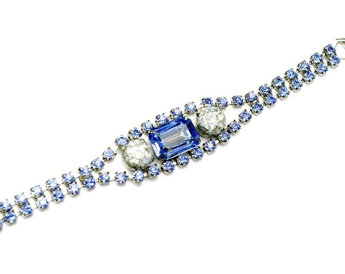 Light Blue Rhinestone Bracelet - white confetti Lucite - silver setting - Mid Century